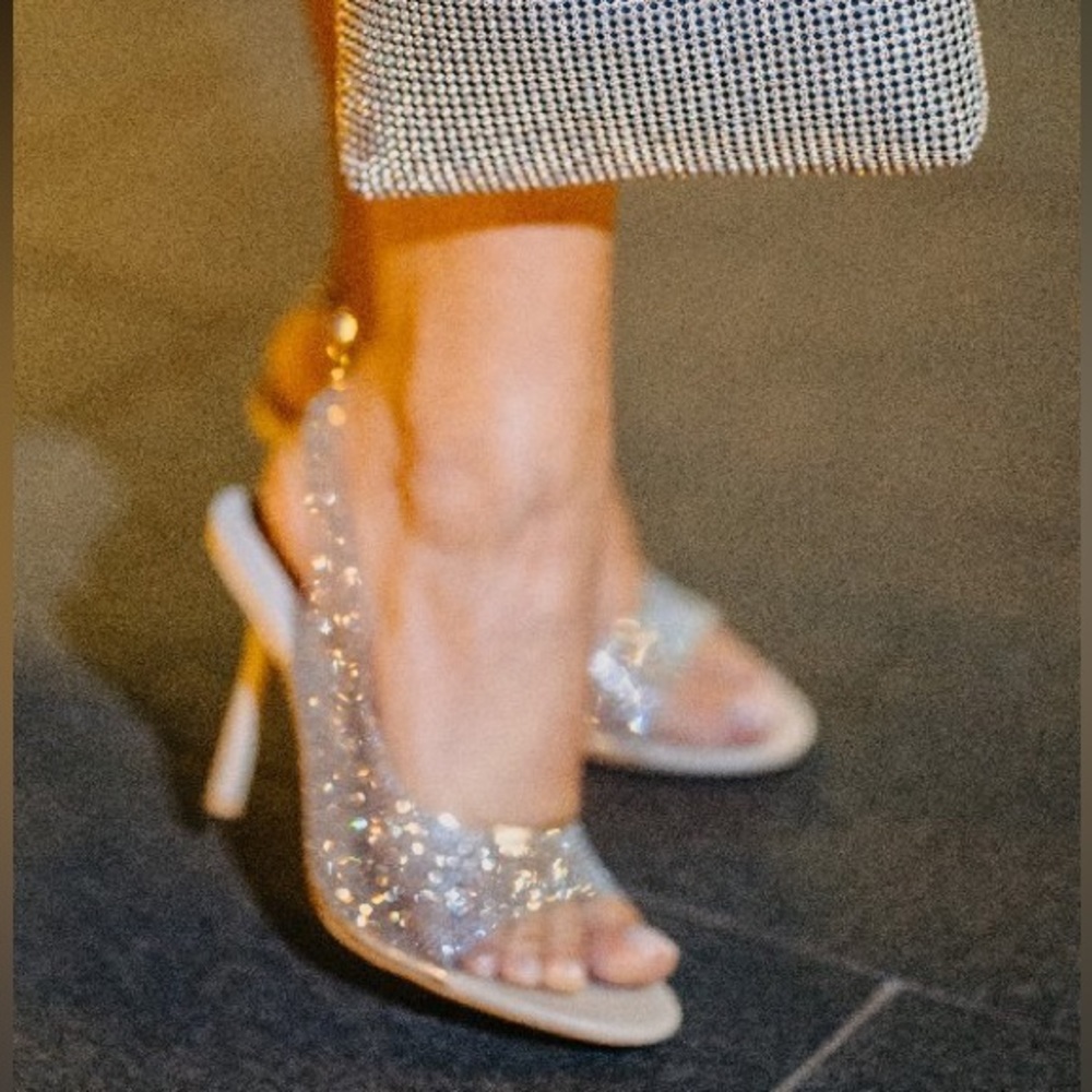 Zara Off White Rhinestone Heeled Vinyl Sandals